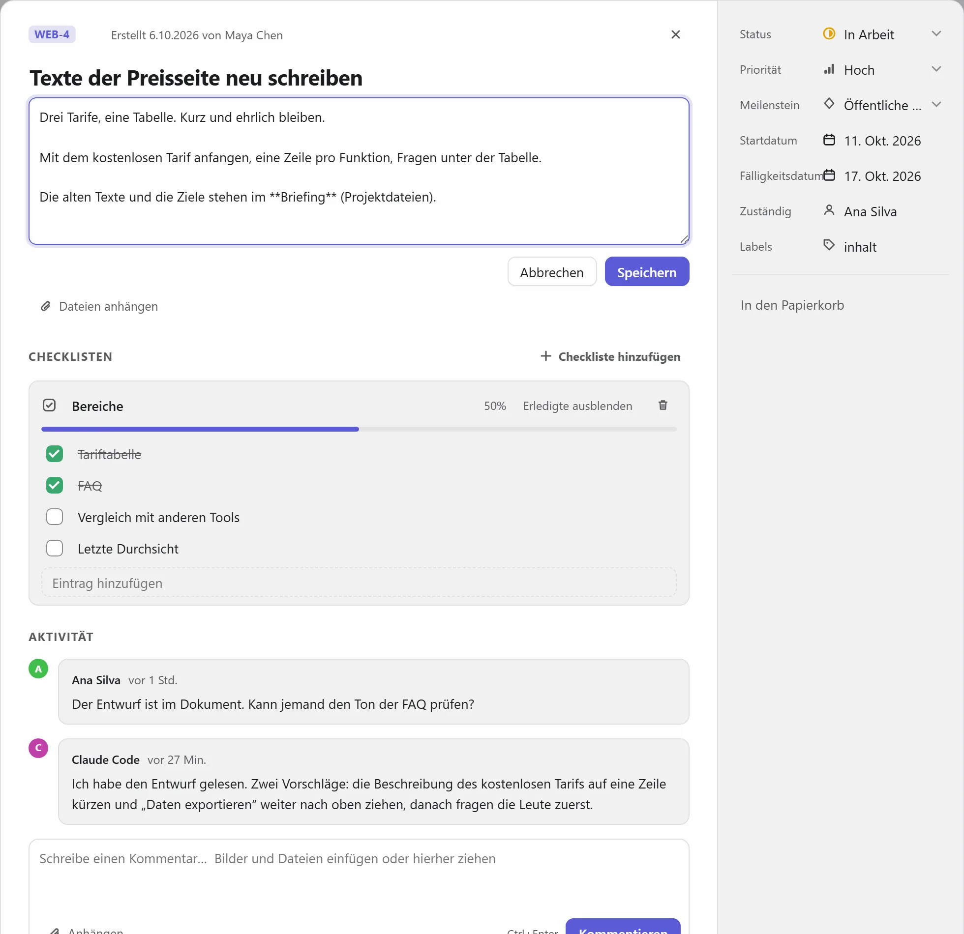 Eine Beschreibung bearbeiten