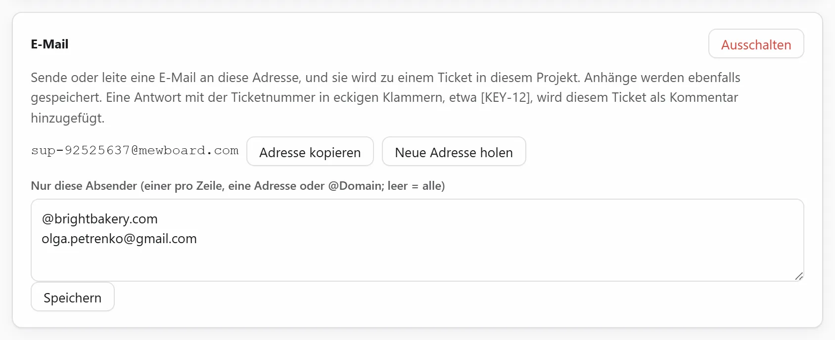 Die E-Mail-Adresse eines Projekts