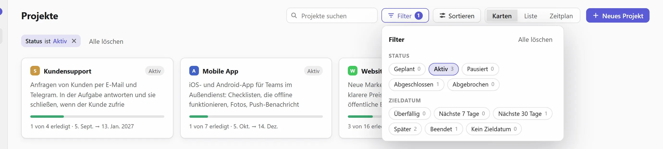 Projekte nach Status filtern