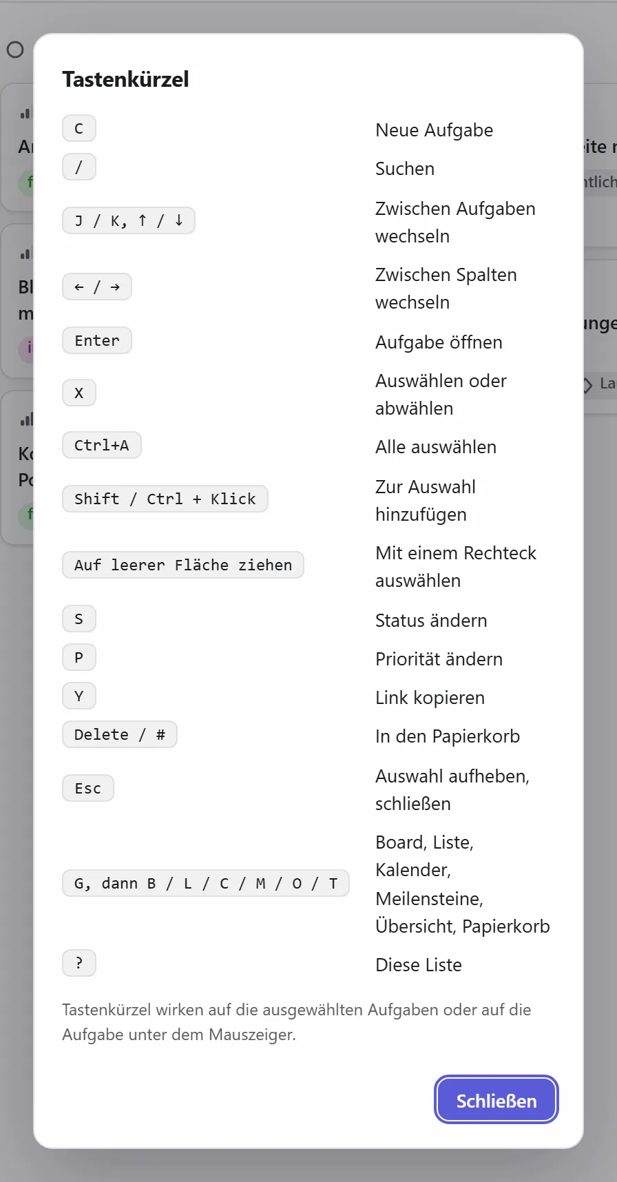 Die Liste der Tastenkürzel