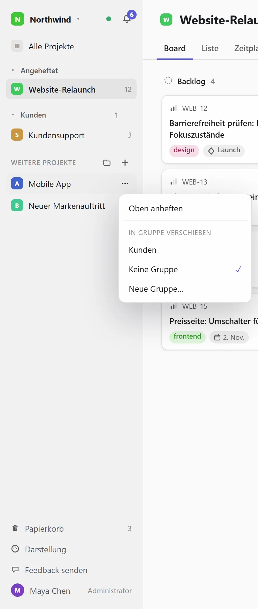 Das Projektmenü in der Seitenleiste