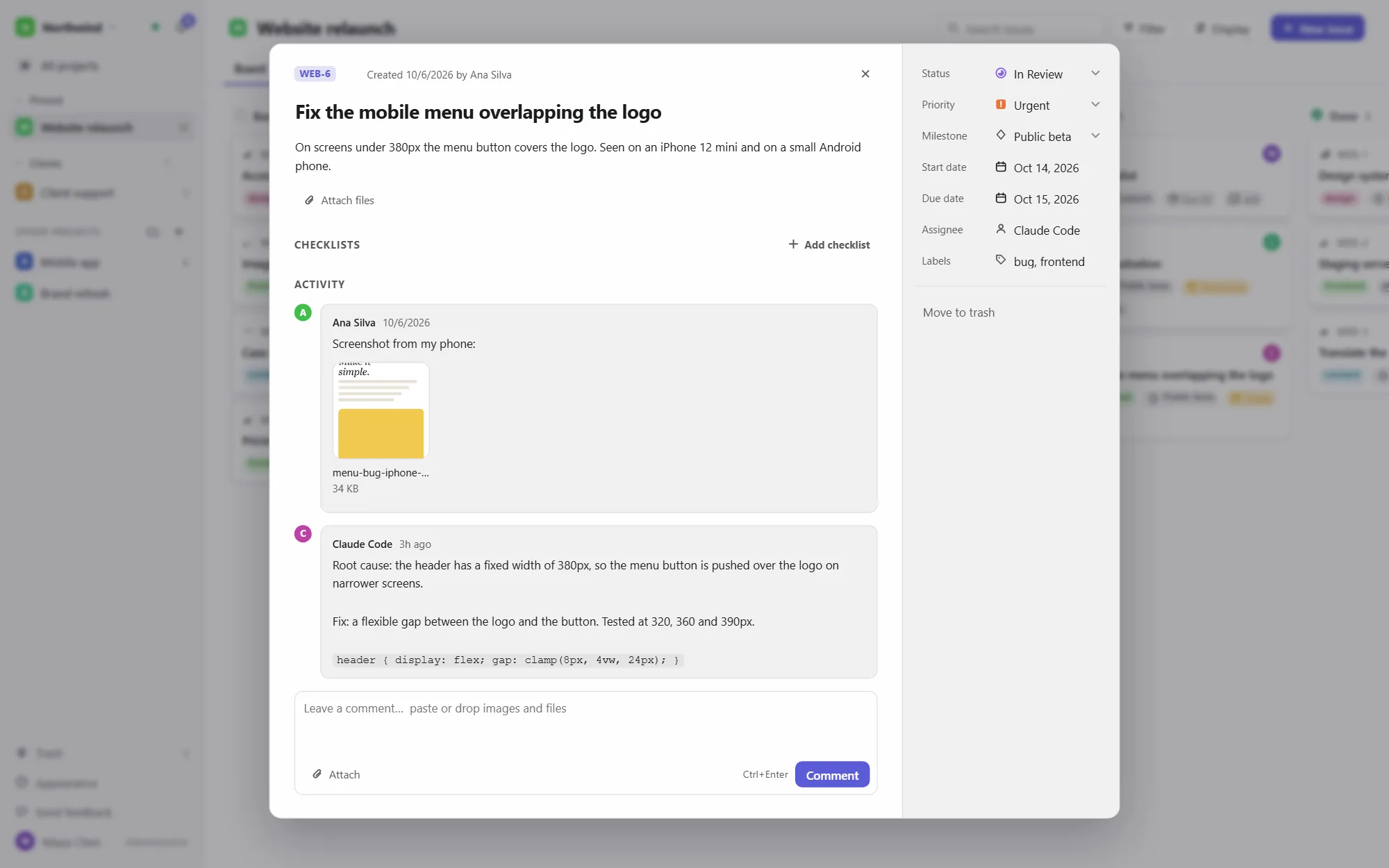 Comments with a screenshot and a fix