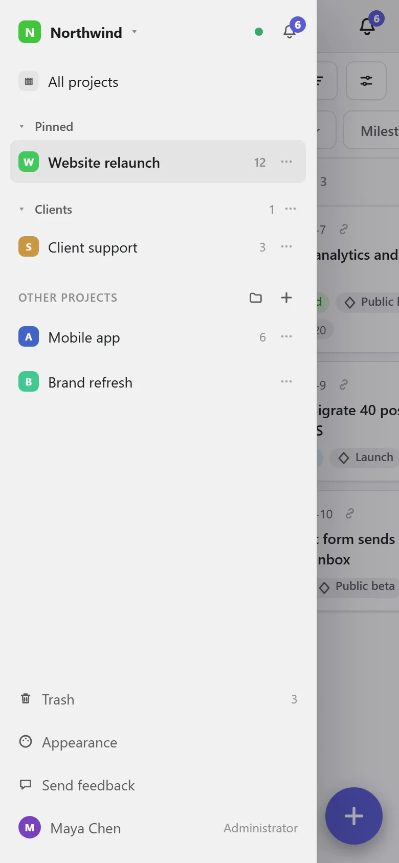 The menu on a phone