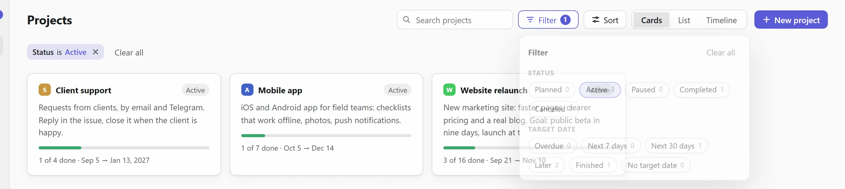 Filtering projects by status