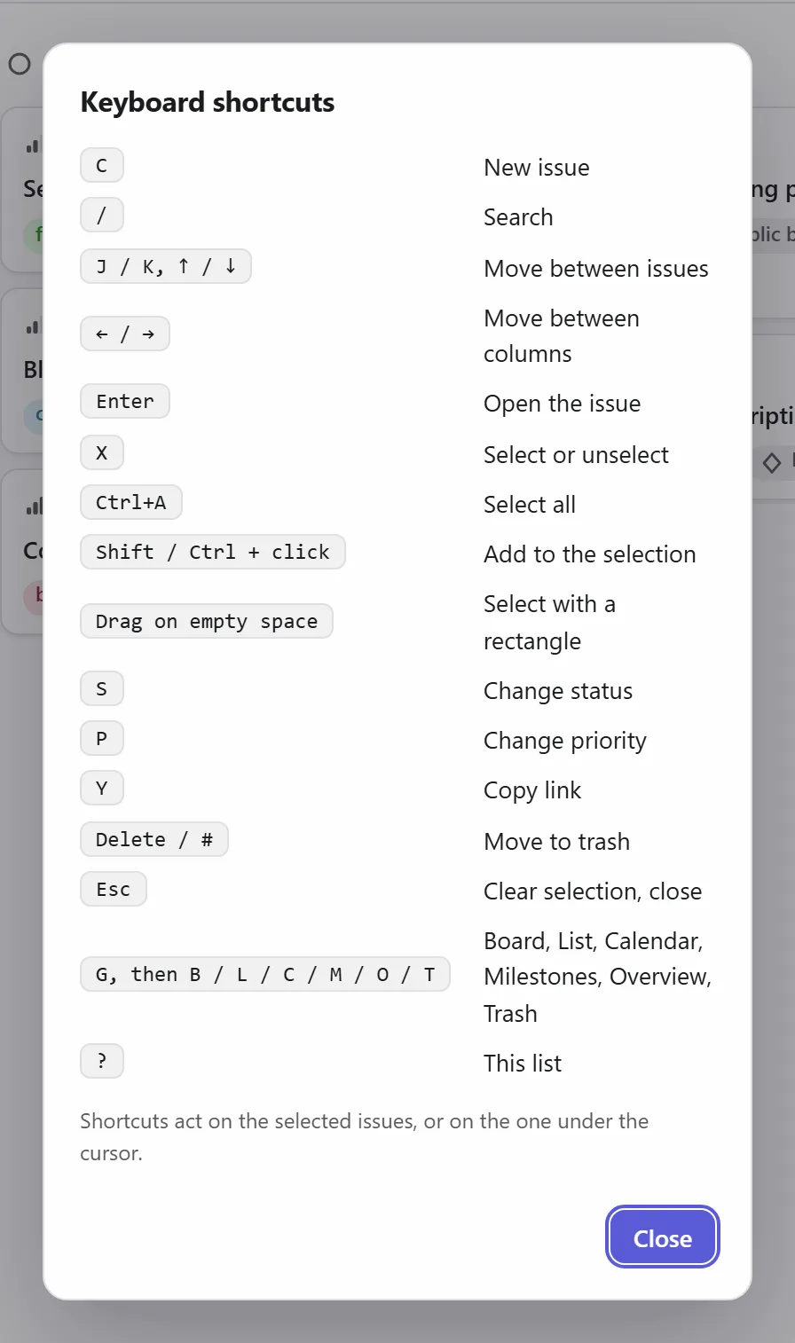 The list of shortcuts