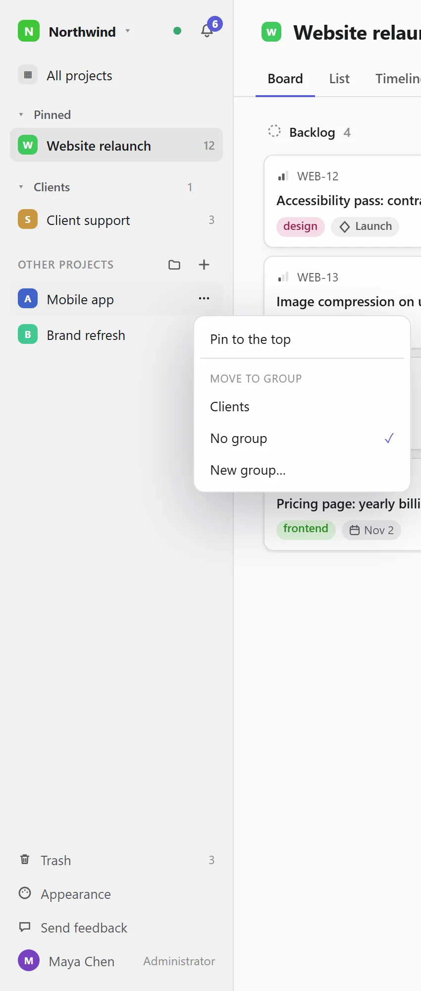 The project menu in the sidebar
