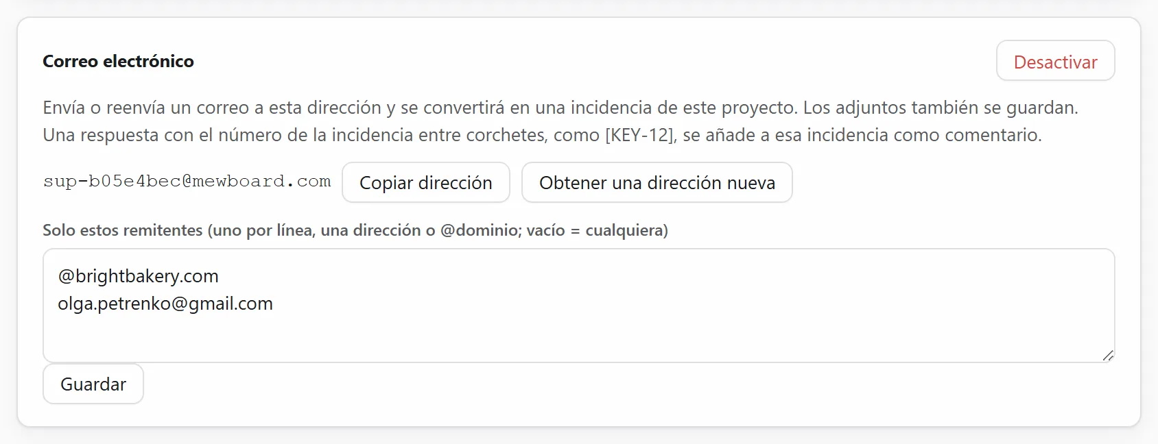La dirección de correo de un proyecto