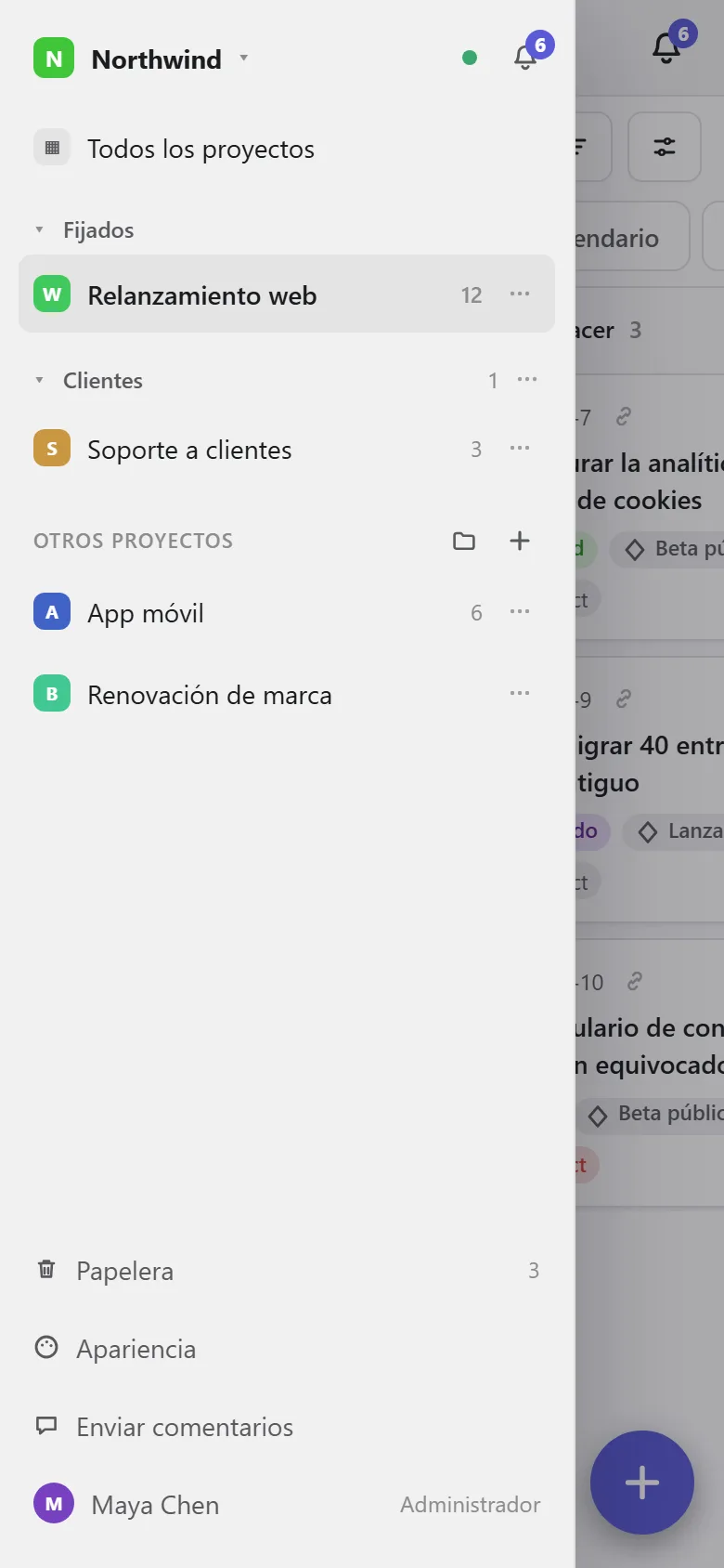 El menú en un móvil