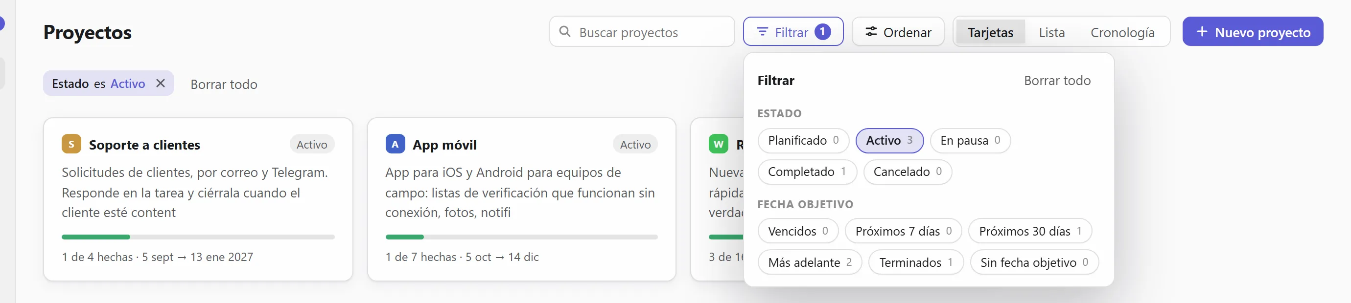 Filtrar proyectos por estado