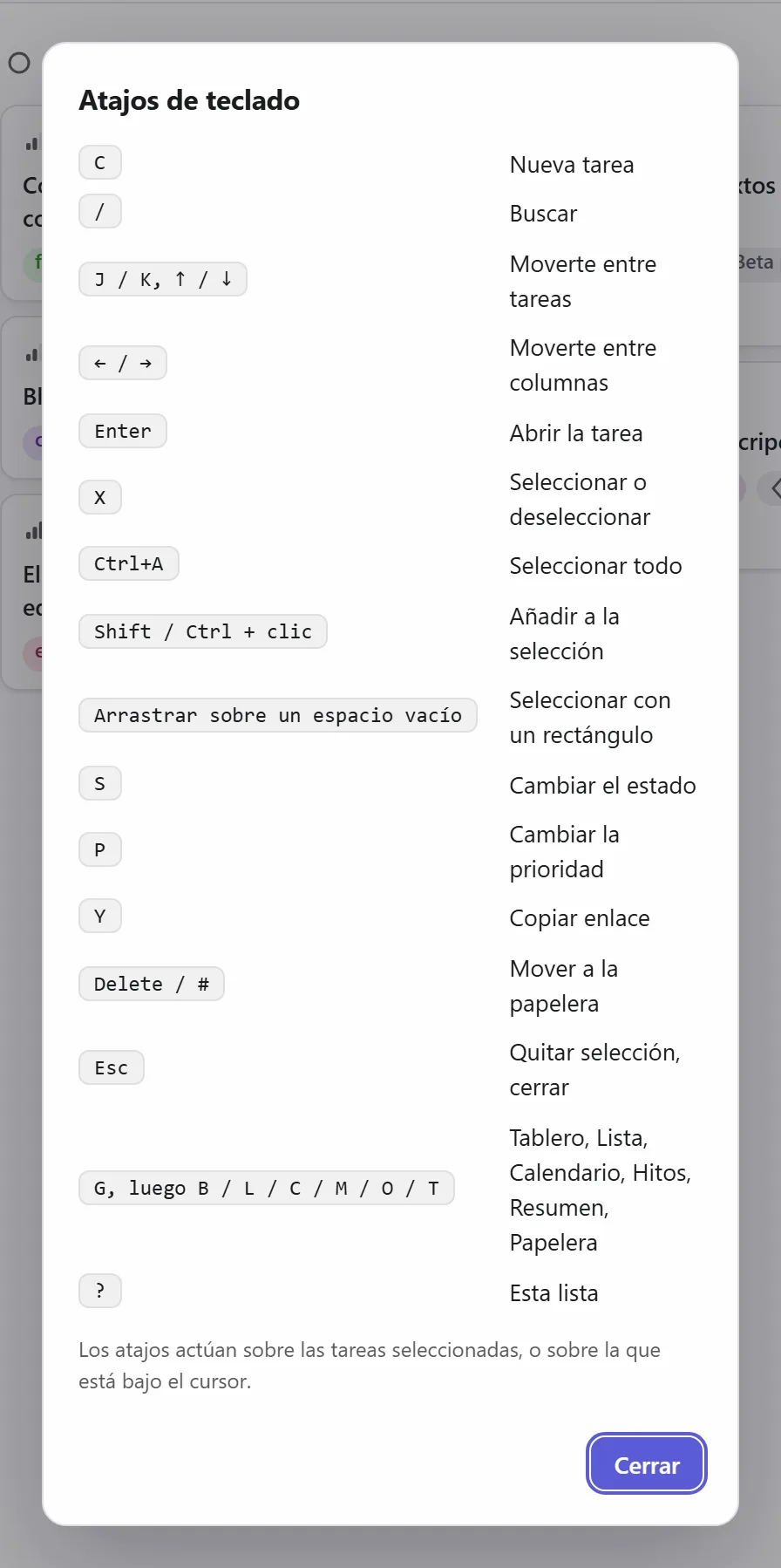 La lista de atajos