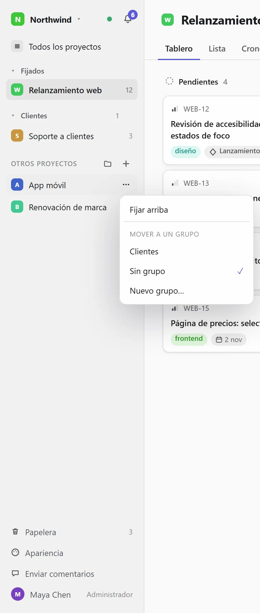 El menú del proyecto en la barra lateral