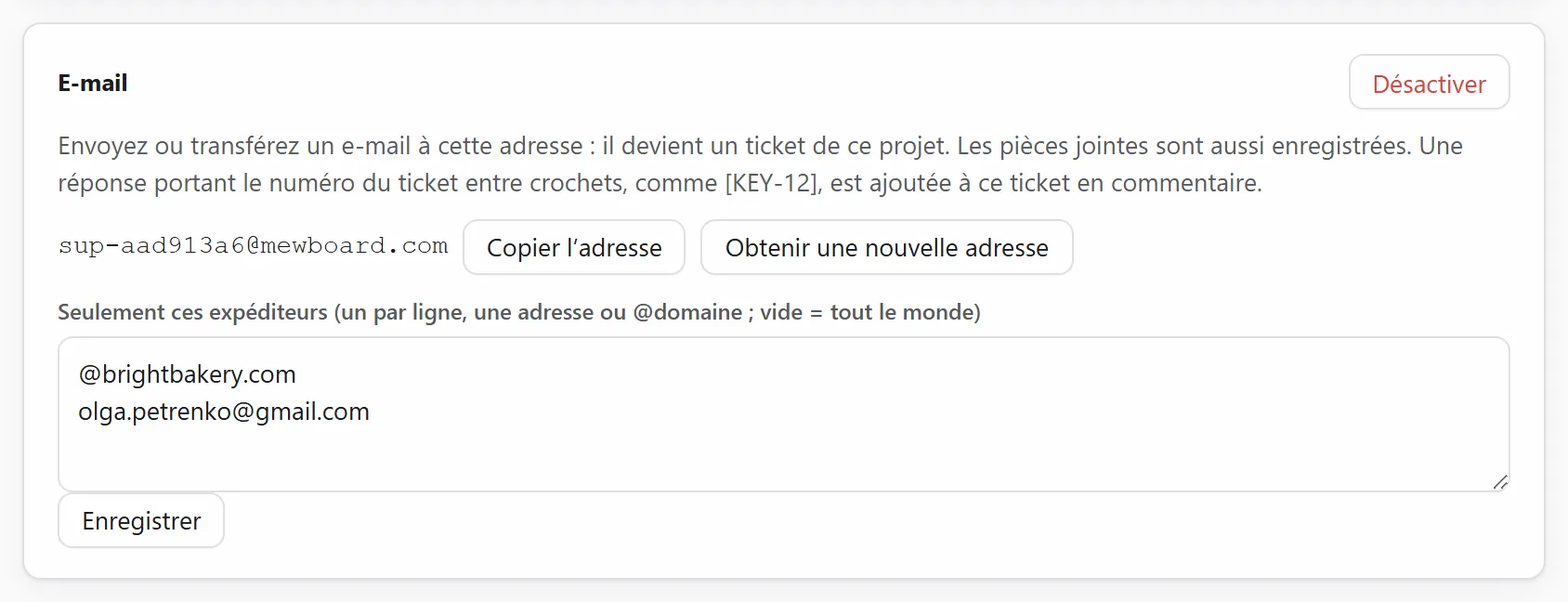 L’adresse e-mail d’un projet