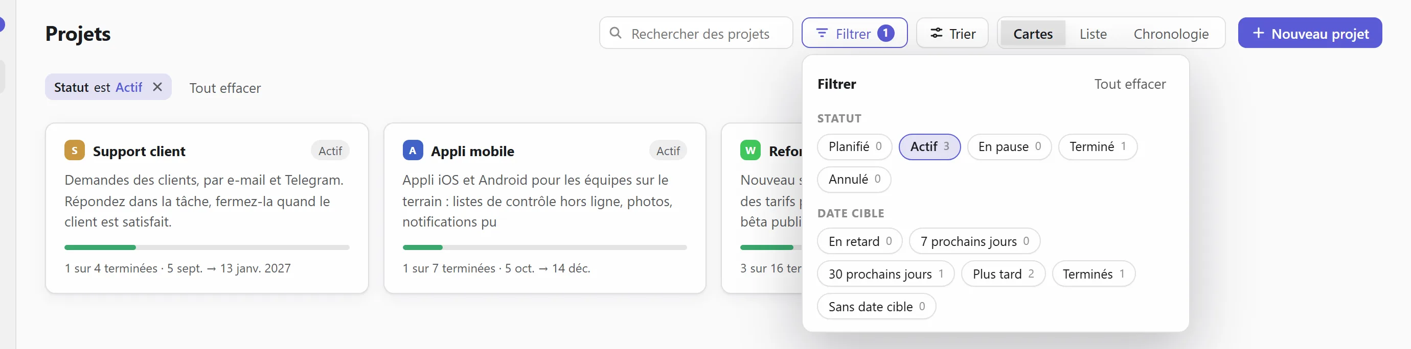 Filtrer les projets par statut