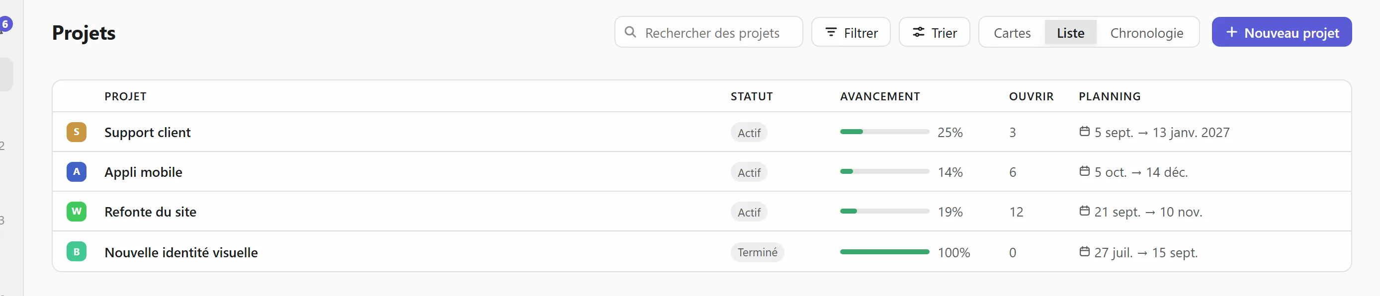 En liste, avec l’avancement et les dates