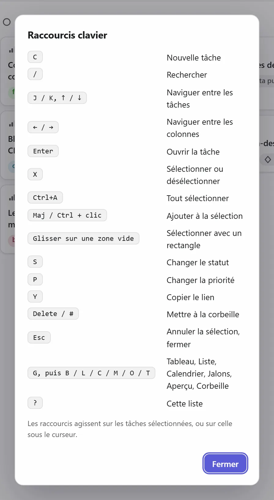 La liste des raccourcis