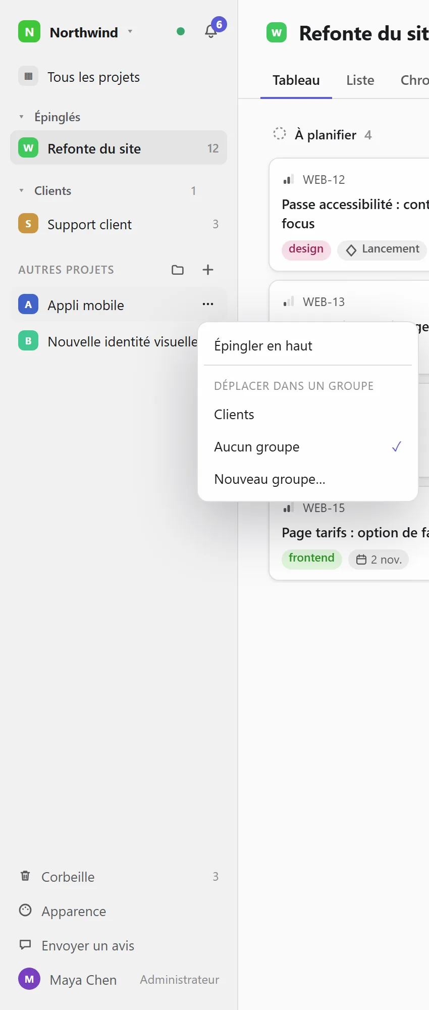 Le menu d’un projet dans la barre latérale