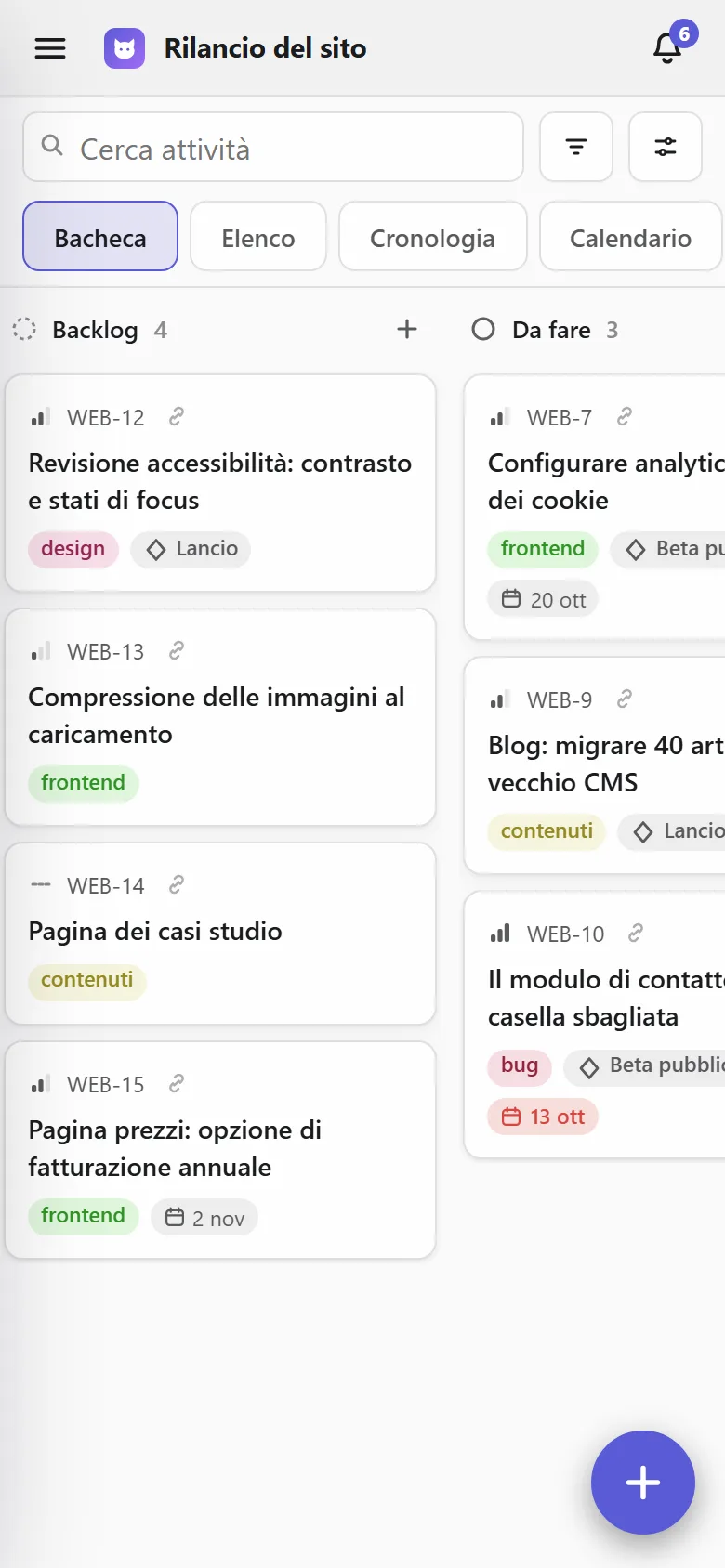 La bacheca sul telefono