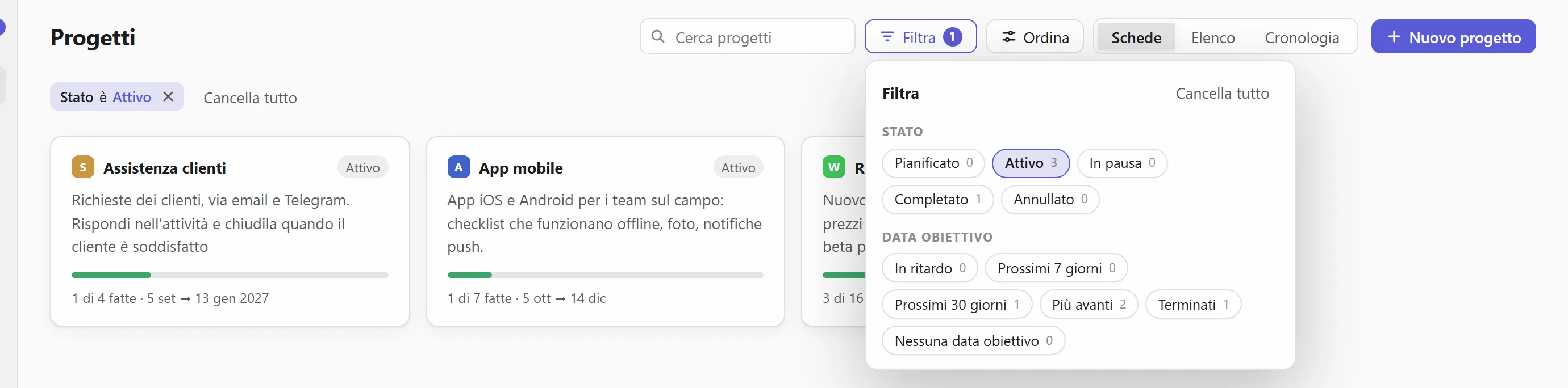 Filtrare i progetti per stato
