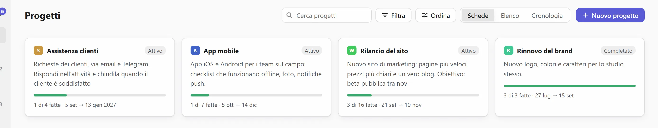 Tutti i progetti come schede