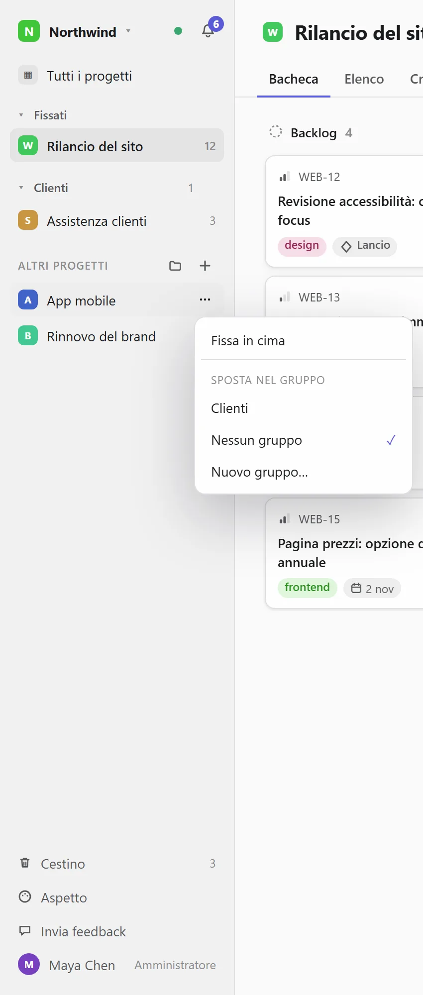 Il menu del progetto nella barra laterale