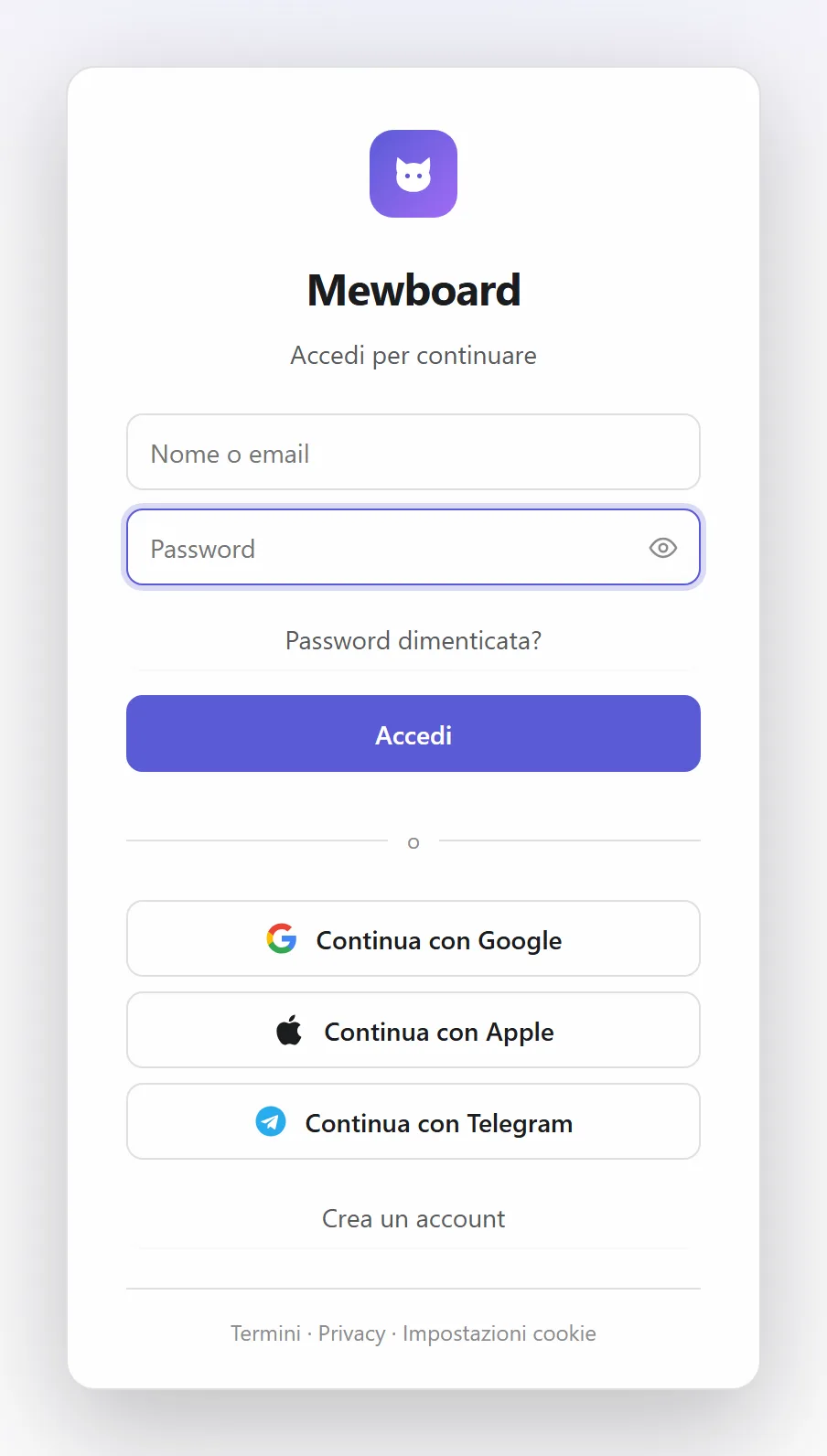 La schermata di accesso