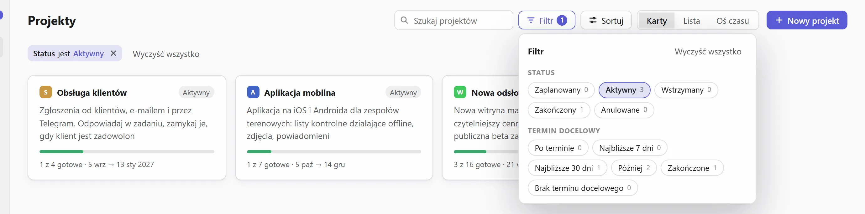 Filtrowanie projektów według statusu