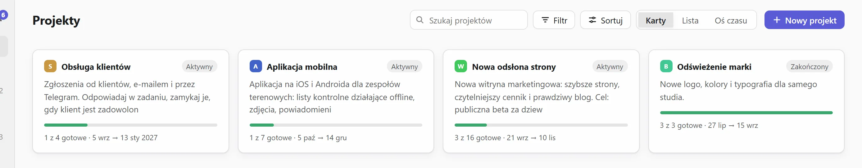 Wszystkie projekty jako karty