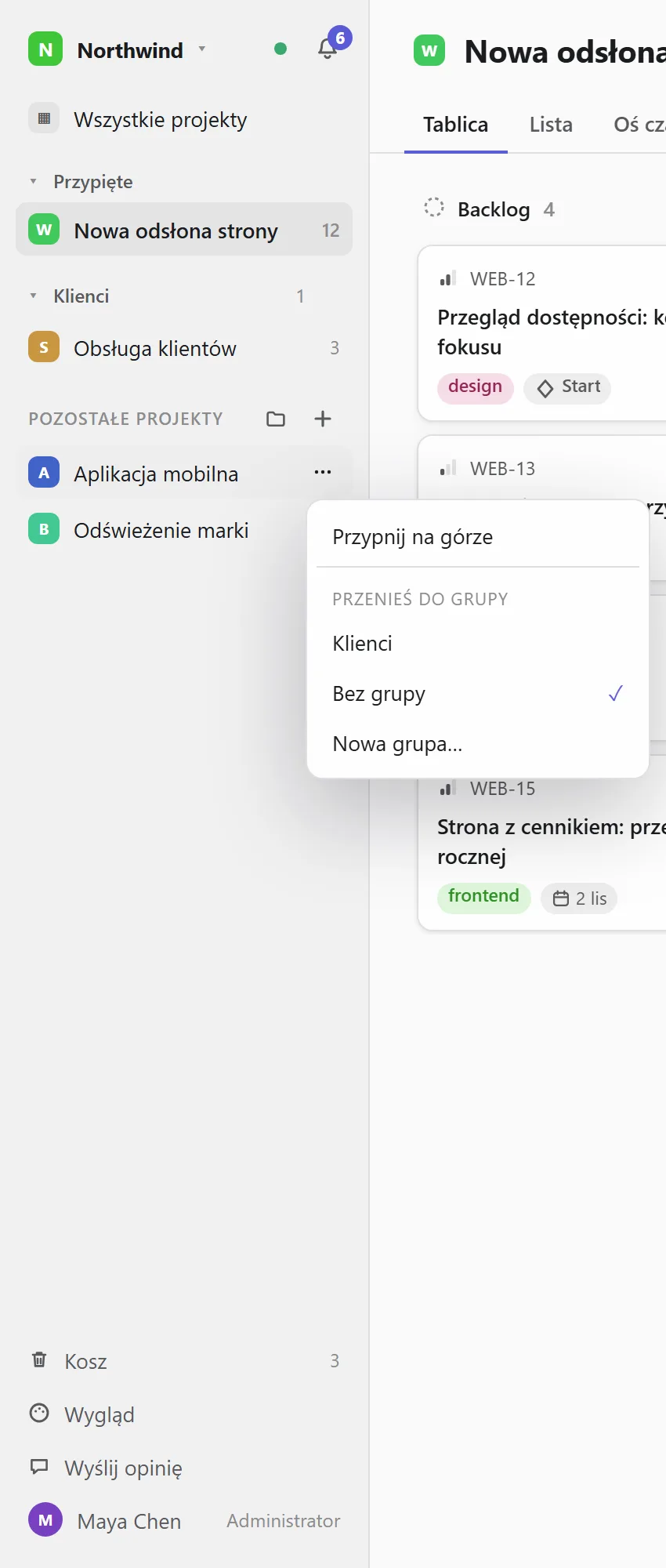 Menu projektu w panelu bocznym