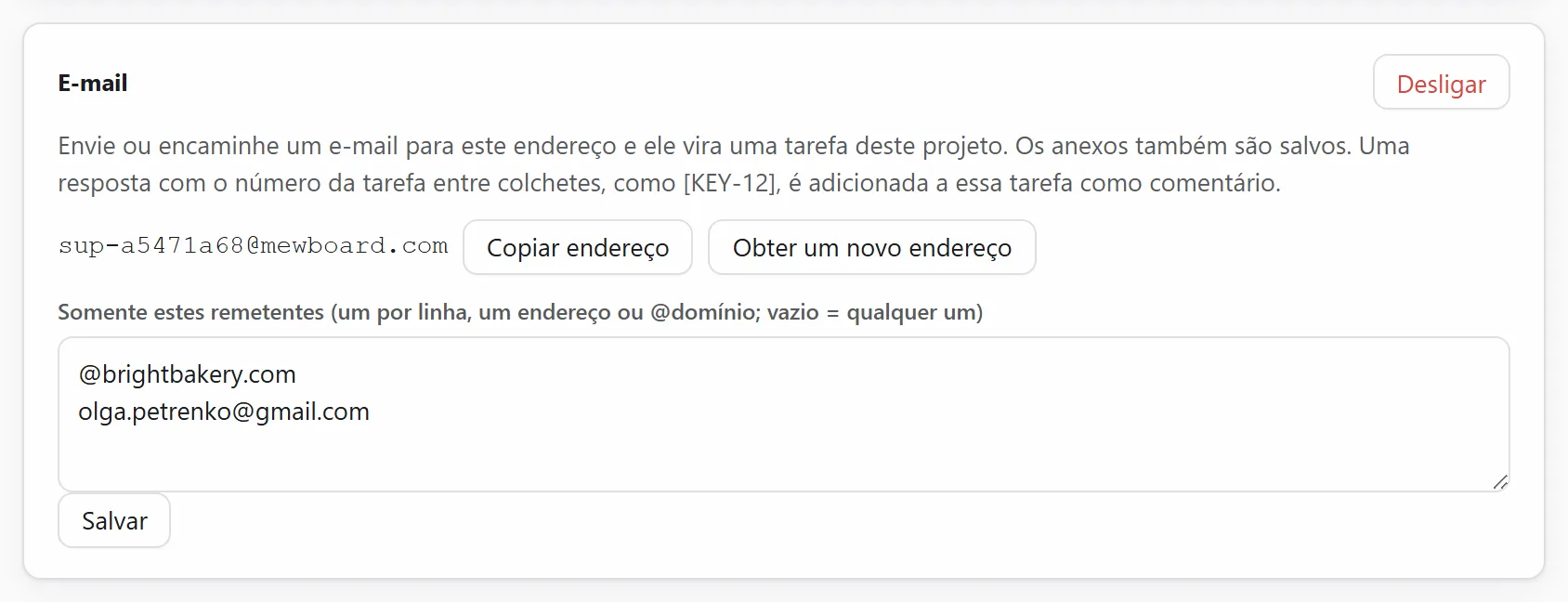 O endereço de e-mail de um projeto