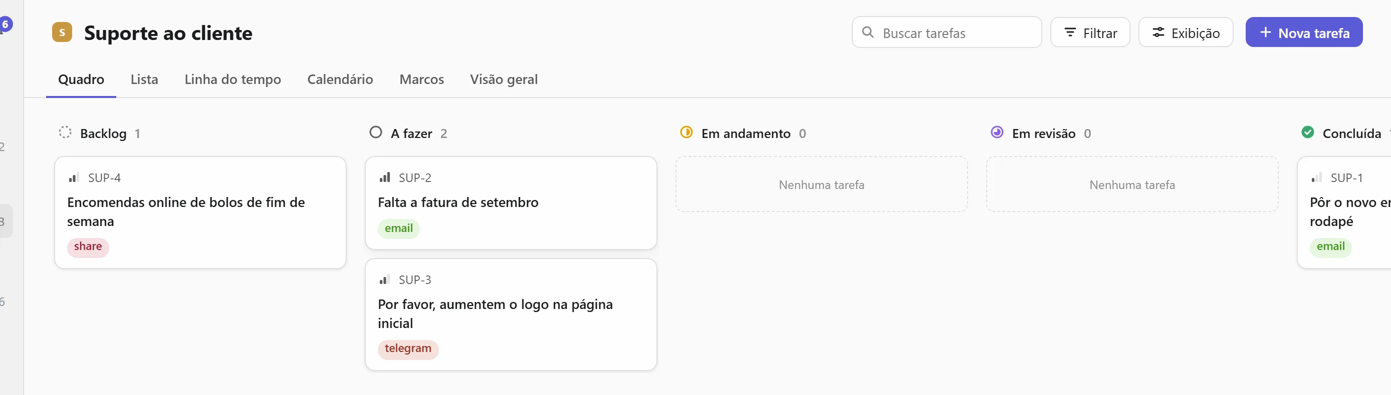 Pedidos no quadro