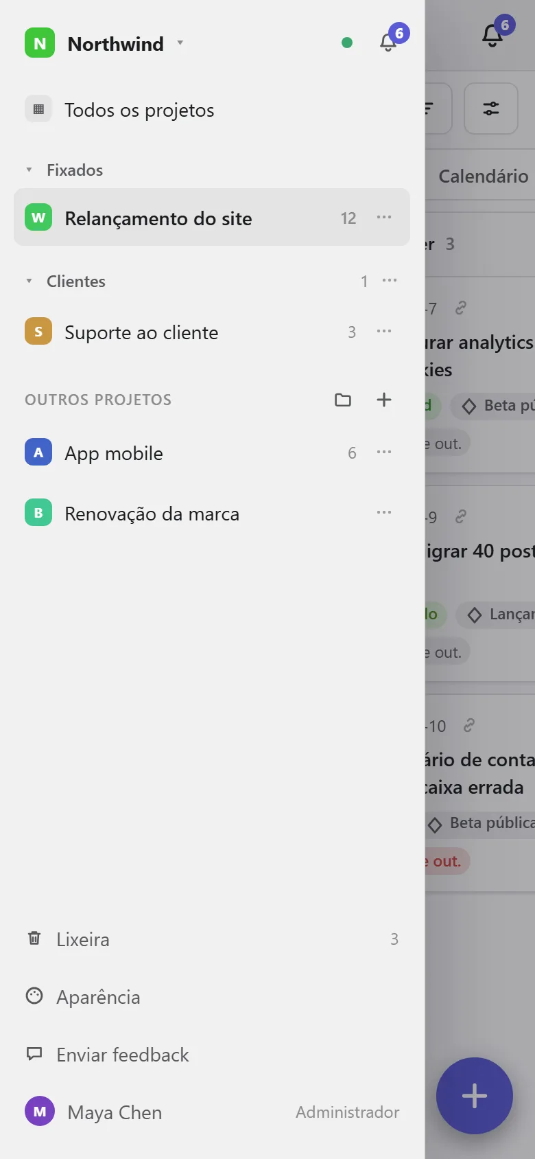 O menu no celular