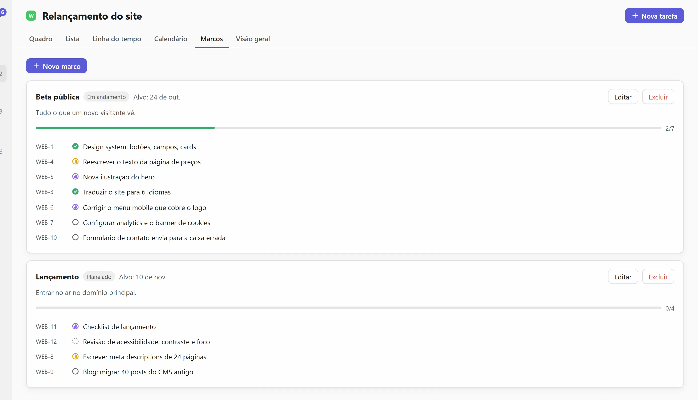Marcos com progresso