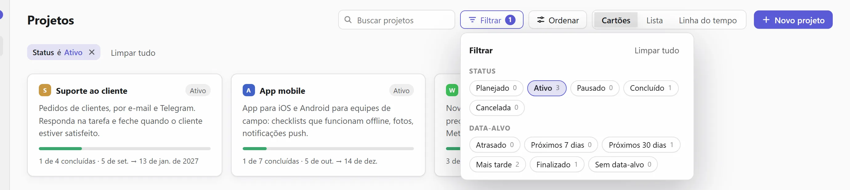 Filtrando projetos por status
