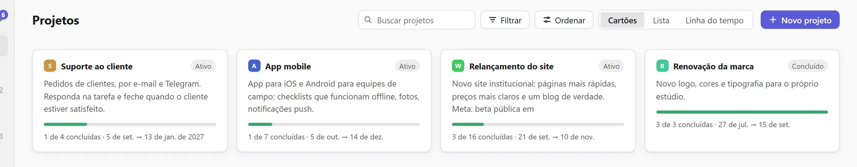 Todos os projetos em cartões