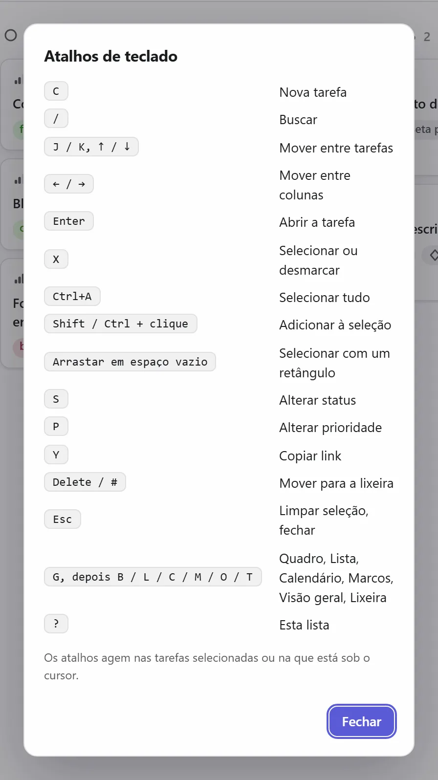 A lista de atalhos