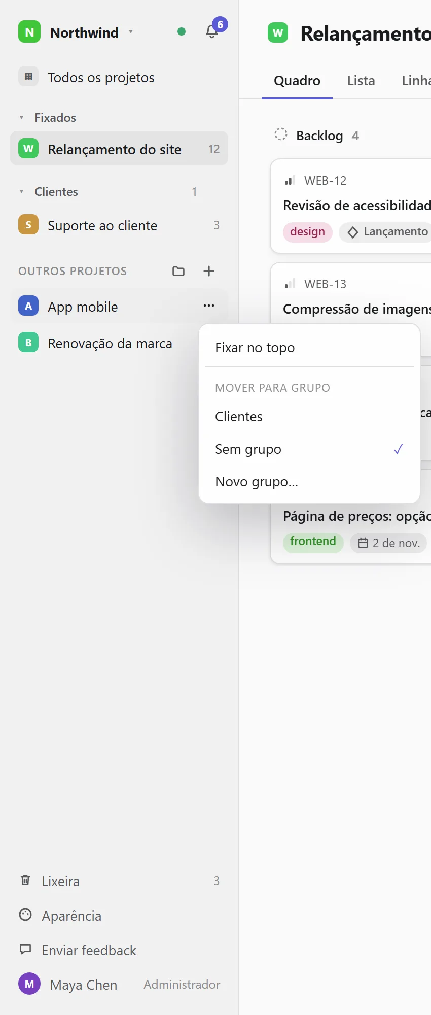 O menu do projeto na barra lateral