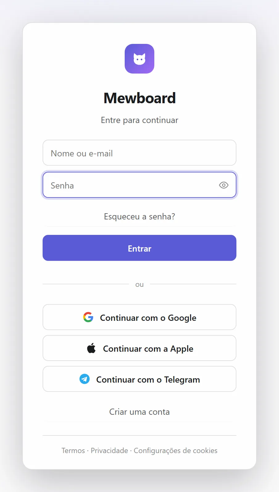 A tela de login