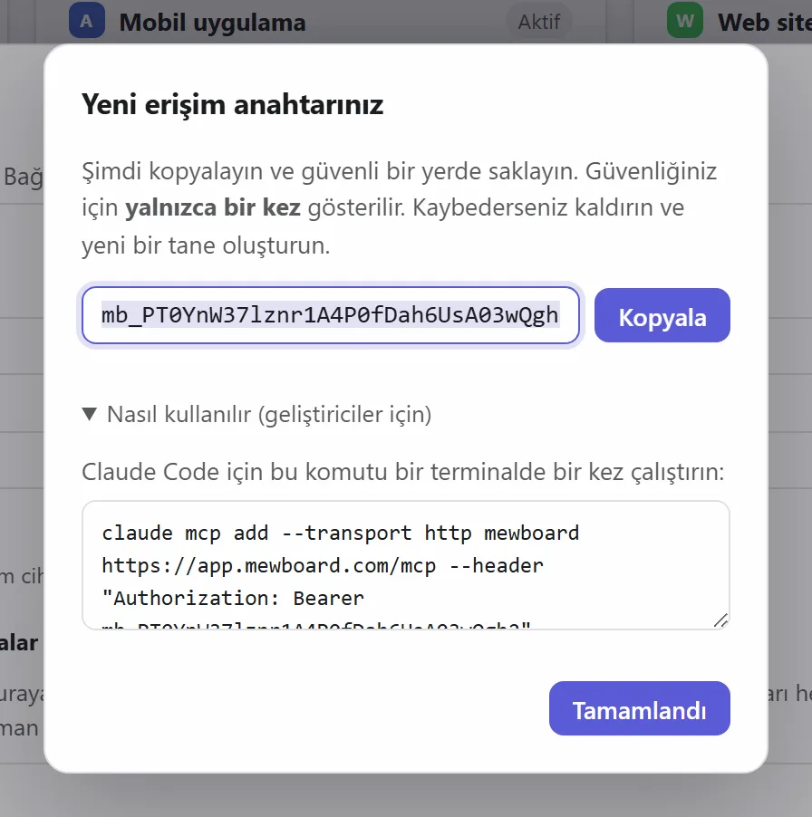 Yeni bir erişim anahtarı