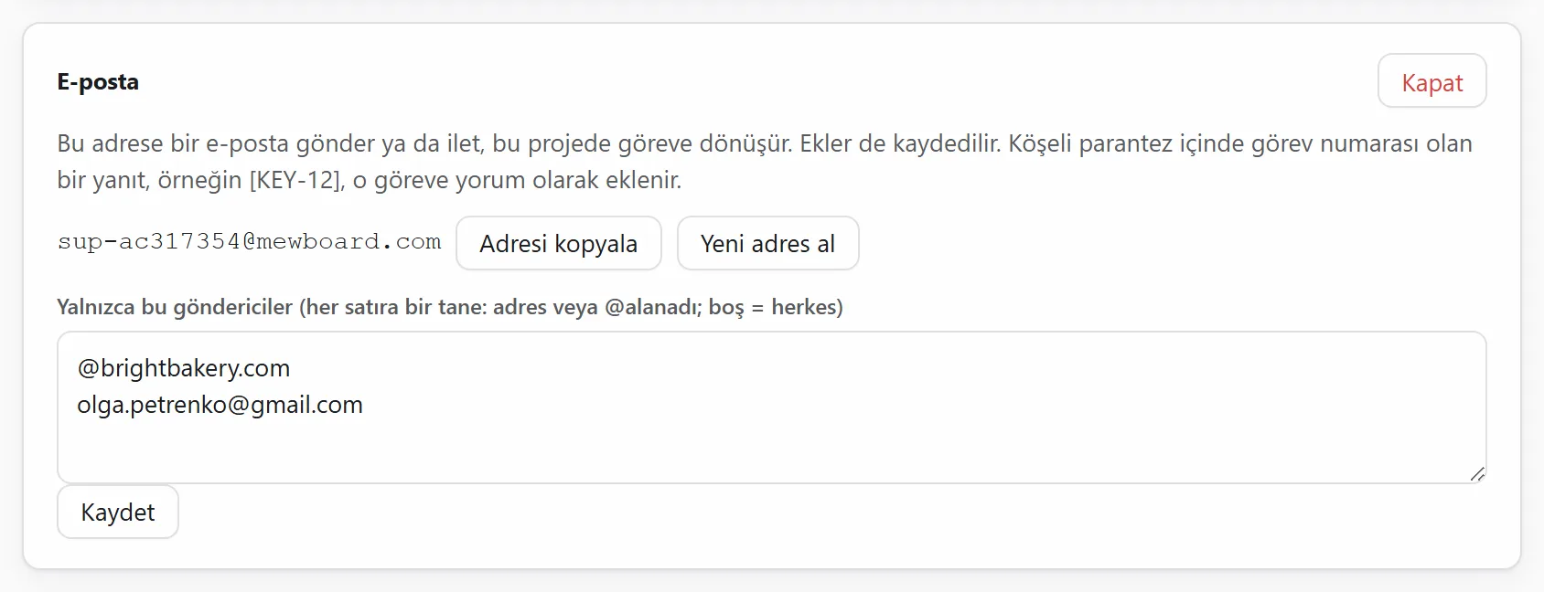 Bir projenin e-posta adresi
