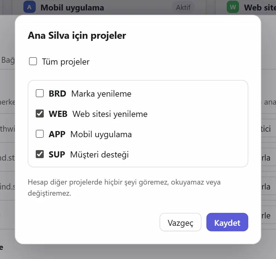 Bir kişi için proje seçme