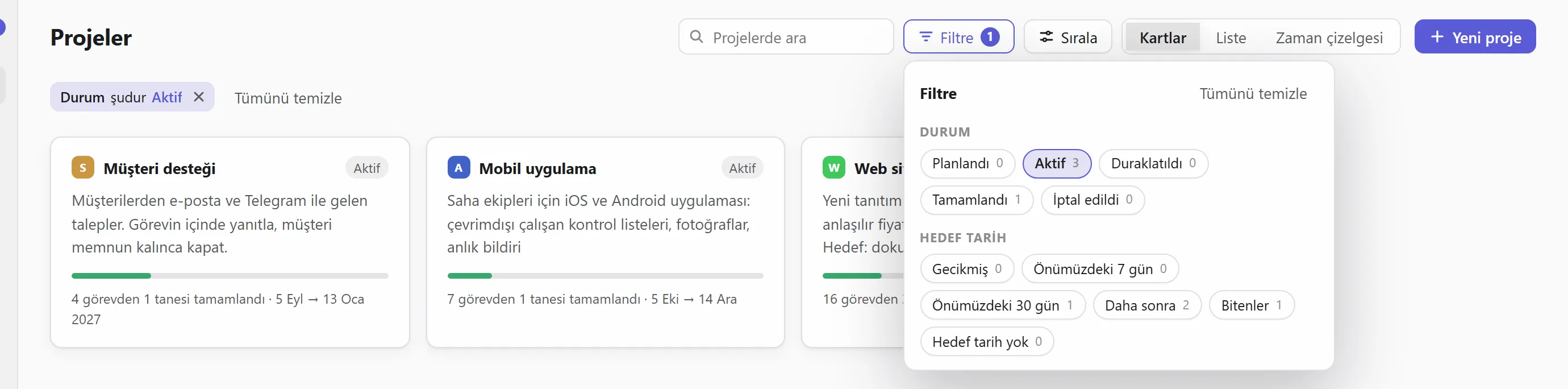 Projeleri duruma göre filtreleme