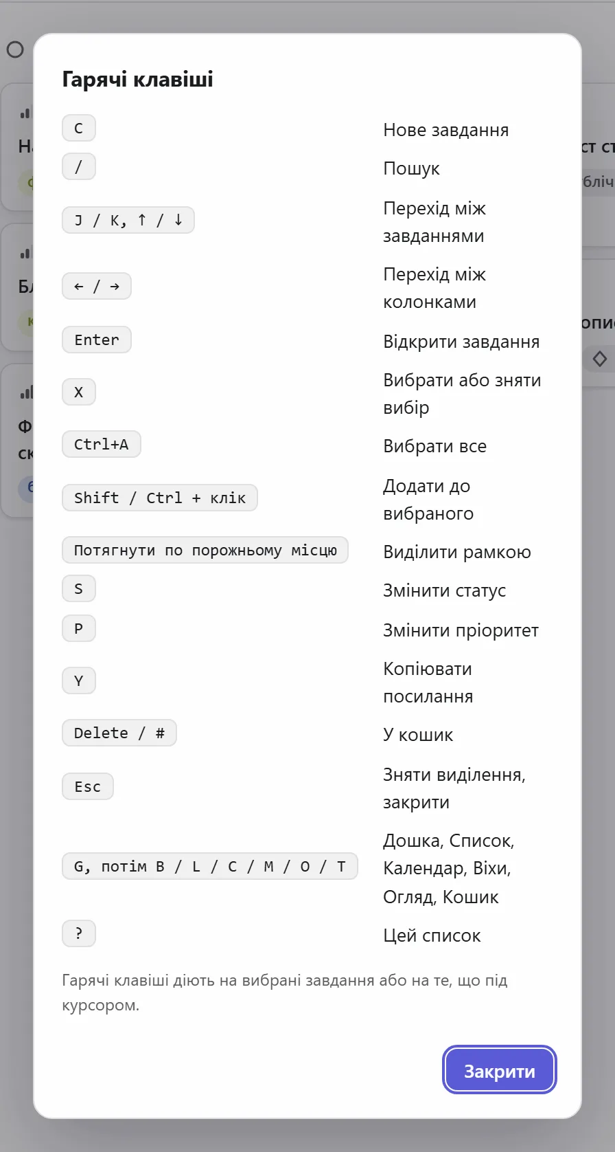 Список гарячих клавіш